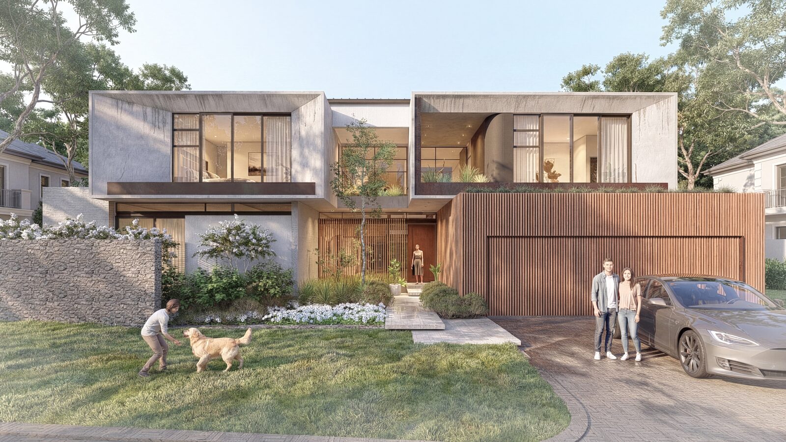 Exterior view of House Saohatse, a contemporary residence with vertical timber slats and off-shutter concrete facades in Helderfontein Estate, Johannesburg, designed by Aloe Studio Architects