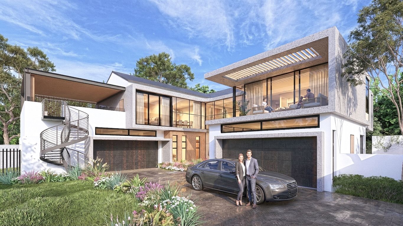 Exterior view of House Nkosi — modern glass-fronted family home with views over the green belt in The Hills Estate, Pretoria East, designed by Aloe Studio Architects