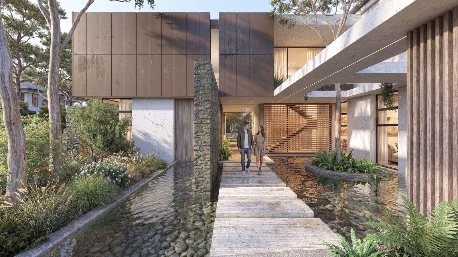 Exterior view of House Motlana — contemporary golf-course residence with earthy textures and floor-to-ceiling glass in Blair Atholl Estate, Lanseria, designed by Aloe Studio Architects