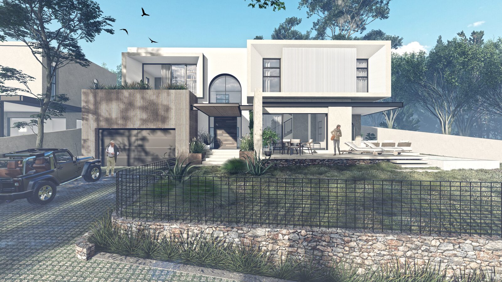 Exterior view of Alton Residences — three contemporary homes with large arched glass windows in Lynnwood Glen, Pretoria, by Aloe Studio Architects