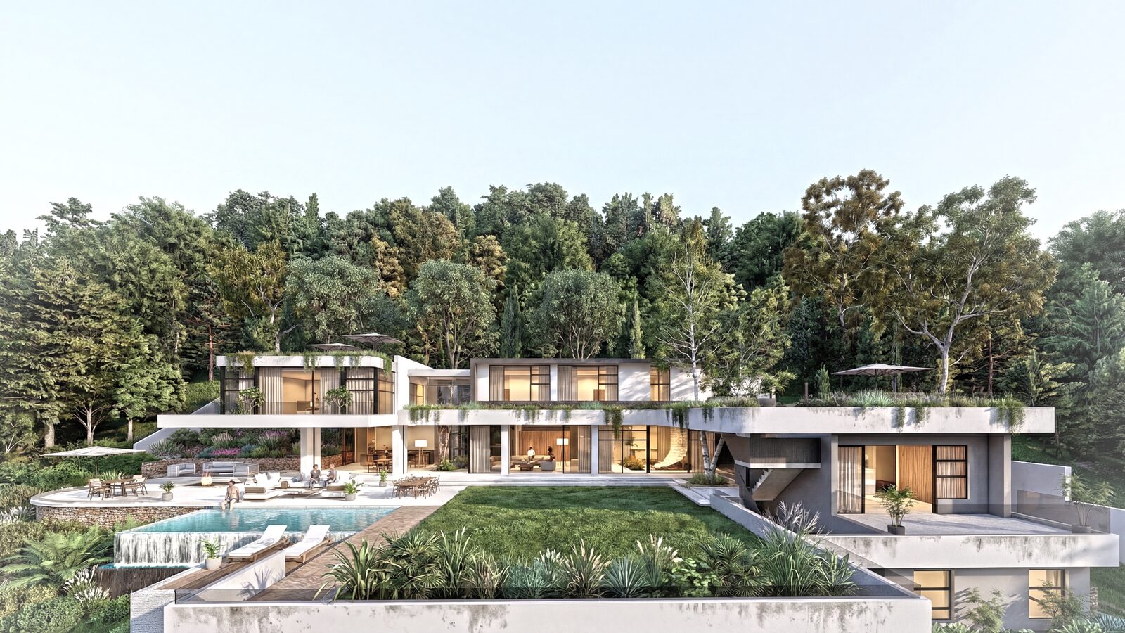 Exterior view of Crescent Villa — hilltop modern family home with views over Groenkloof in Waterkloof, Pretoria, by Aloe Studio Architects