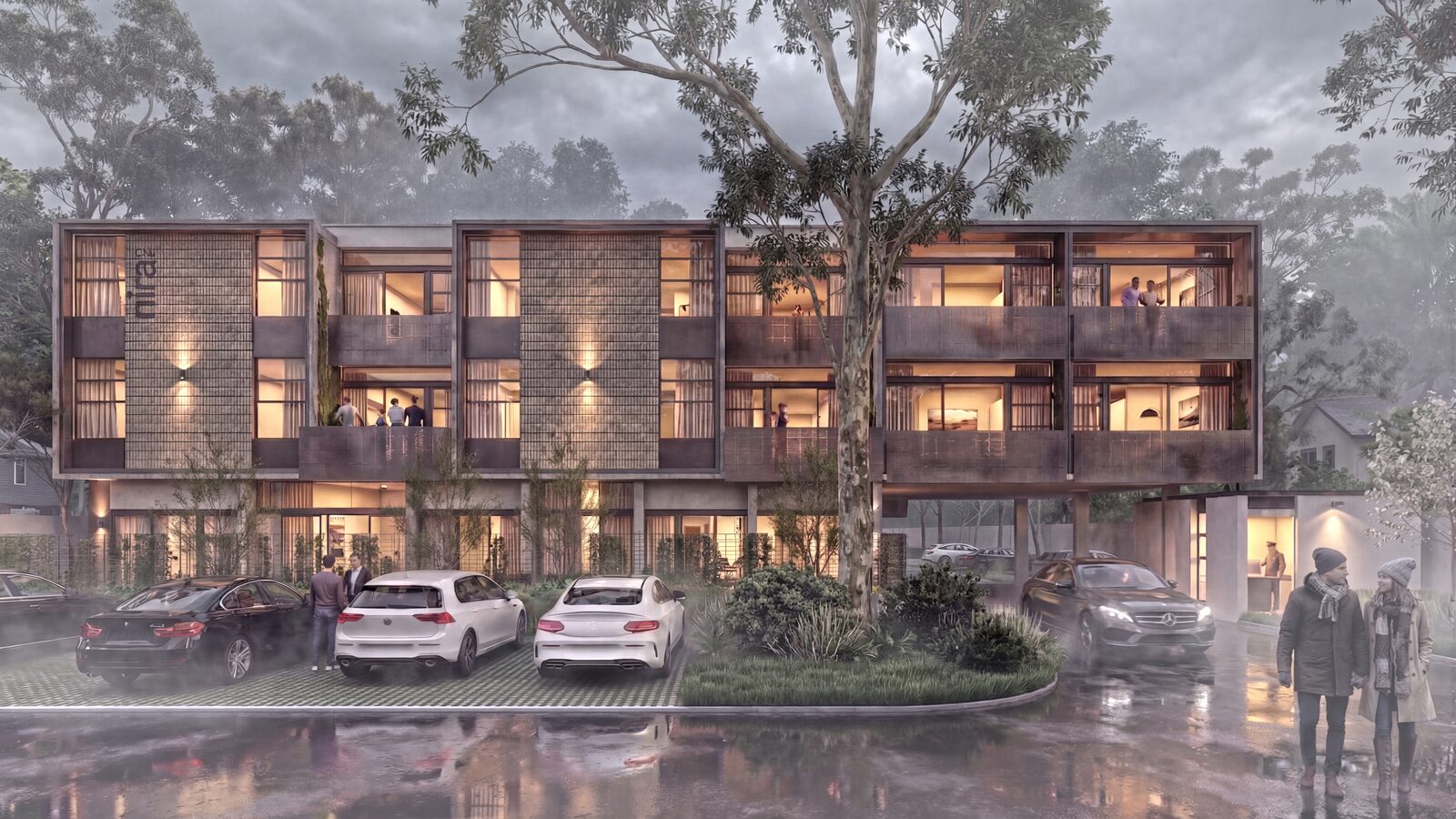 Exterior view of NIRA One Apartments — mixed-use co-living development with modern facades in Brooklyn, Pretoria, by Aloe Studio Architects