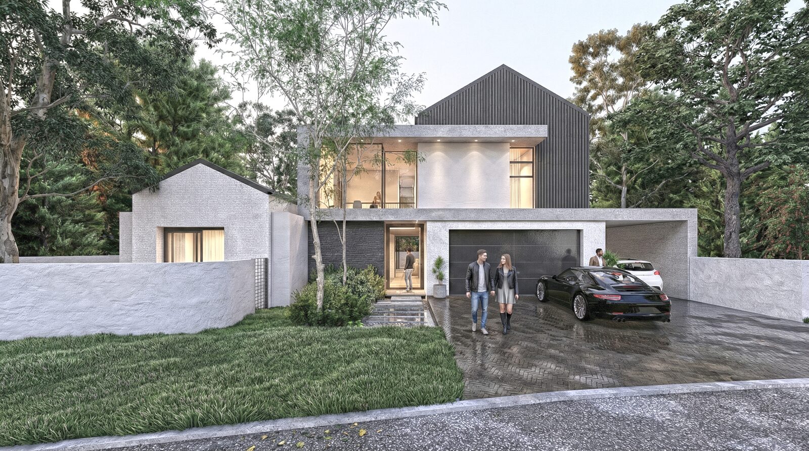Exterior view of Riverspray Twin Residences — modern barn-style vacation homes in vertical metal sheeting and concrete in Riverspray Estate, Vereeniging, by Aloe Studio Architects