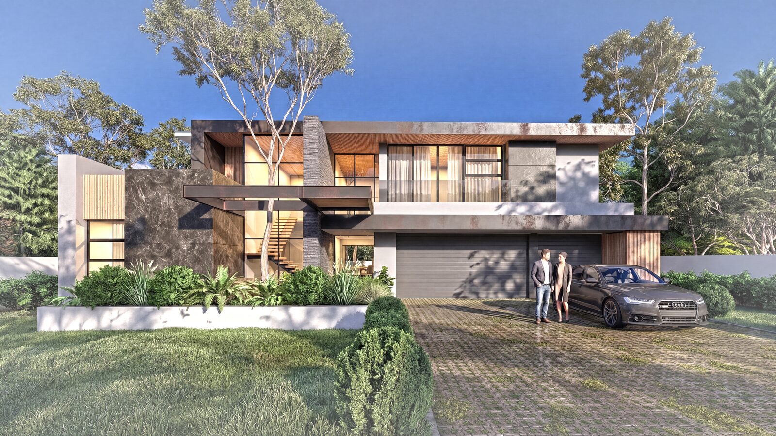 Exterior view of House Jonas — modern home with dark marble, timber cladding and a double-volume rock-clad entrance in Lombardy Estate, Pretoria, by Aloe Studio Architects