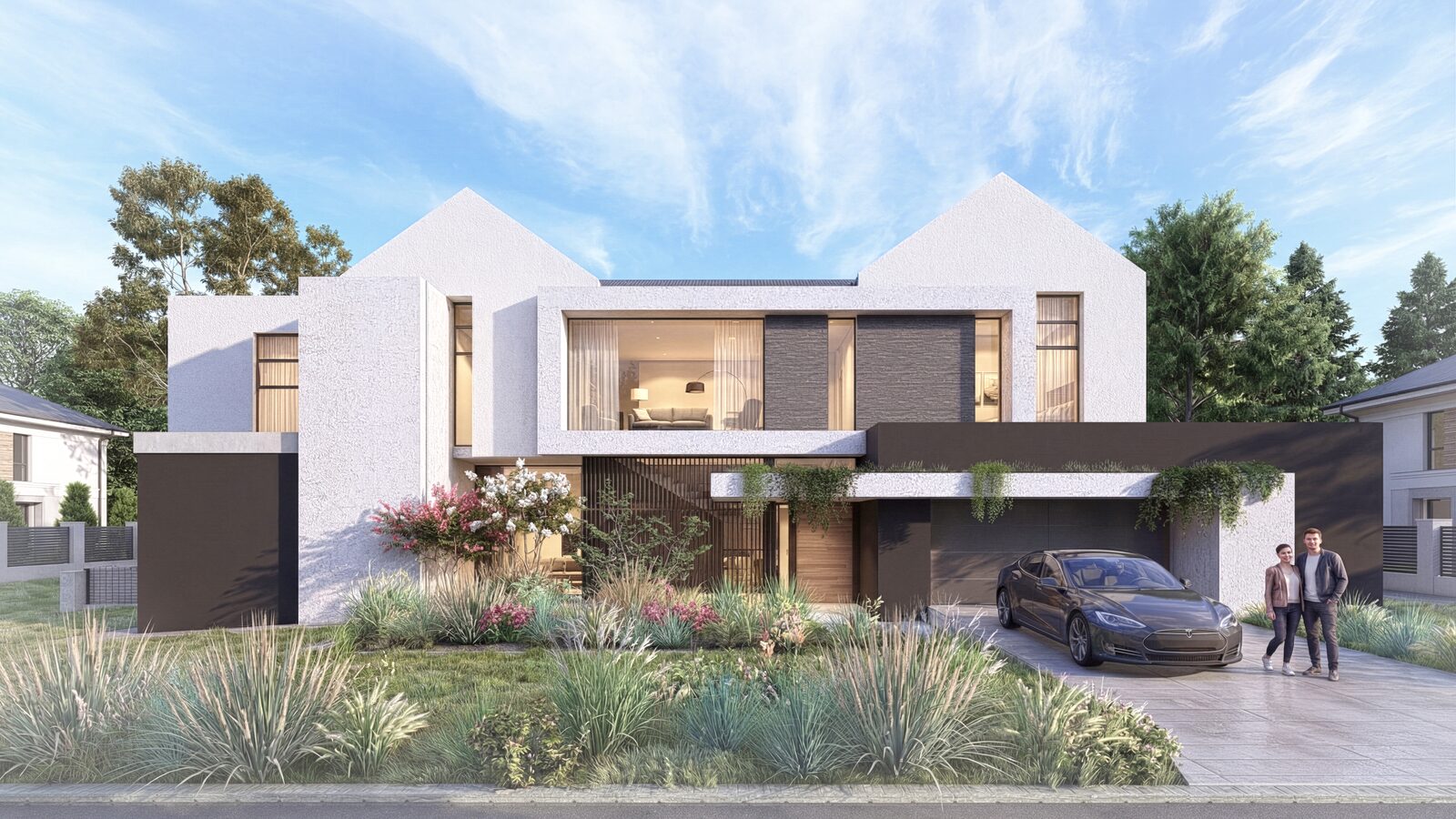 Exterior view of House Mushati — modern farm-style family home with covered patio and sunken boma in The Hills Estate, Pretoria, by Aloe Studio Architects