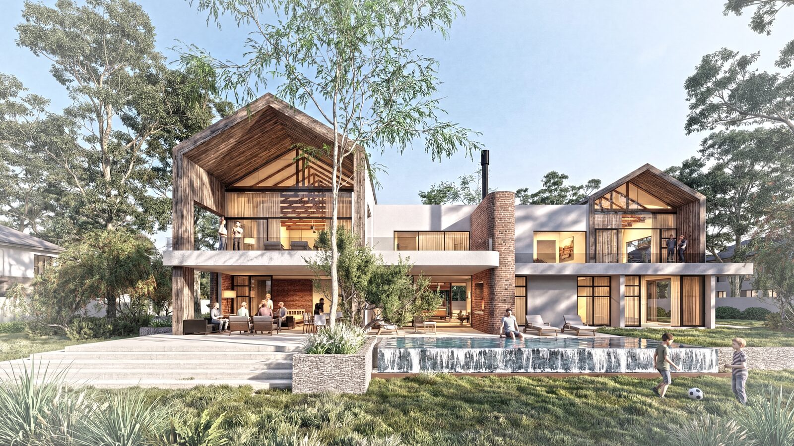Exterior view of Maine View House — modern hilltop mansion in timber and dry-stacked stone overlooking Menlyn Maine, Waterkloof Ridge, Pretoria, by Aloe Studio Architects
