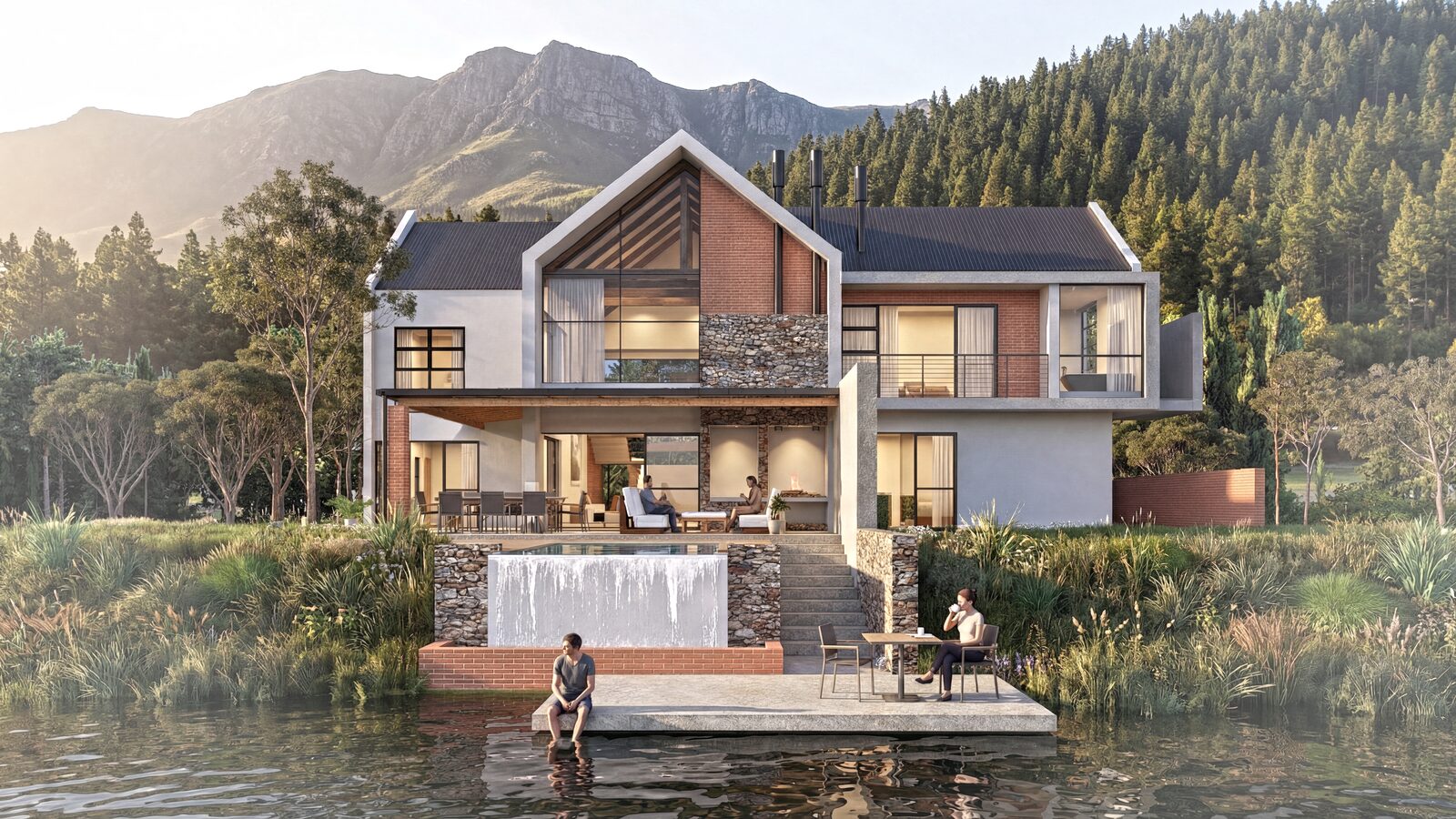 Exterior view of Lake View House — modern farmhouse in red face brick with large glass facades overlooking the lake in Waterlake Farm Estate, Boschkop, by Aloe Studio Architects
