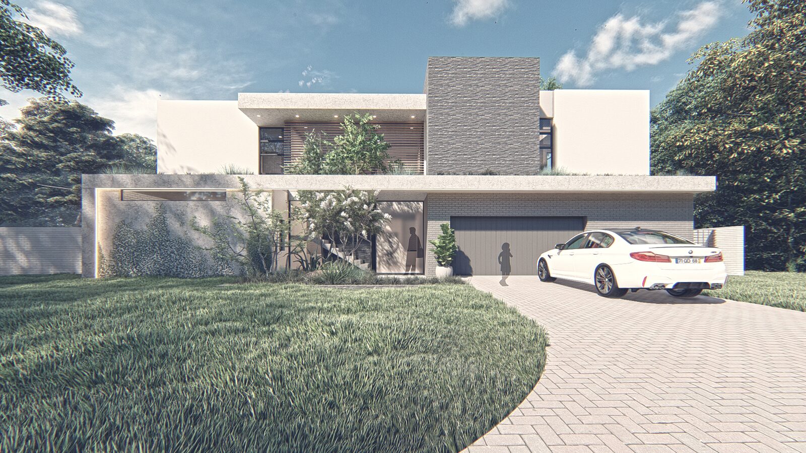 Exterior view of House Maluleke — minimalist residence in natural stone cladding and off-shutter concrete in The Ridge Estate, Pretoria East, by Aloe Studio Architects